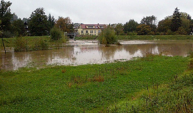 Auch vollgelaufen ist das  Regenrckhaltebecken Bitzenmatte bei Merzhausen.   | Foto: Patrick Seeger