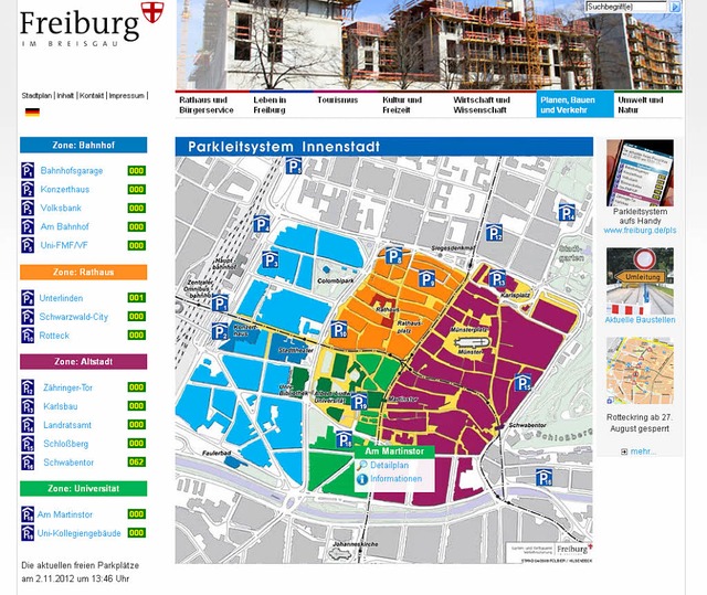 Das Parkleitsystem der Stadt Freiburg am Brckentag (Stand 13.46 Uhr).  | Foto: Screenshot www.freiburg.de