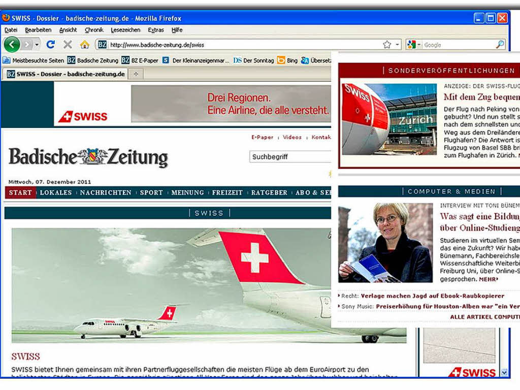 Kategorie Print und Online: Den 1. Platz belegte die  Fluglinie Swiss  International Airlines mit Print- und Online-Werbung  fr Stdtereisen.  Besonderes Highlight: BZ-Leser konnten  Reiseberichterstatter werden und hinter  die Kulissen am Airport und im Cockpit schauen.