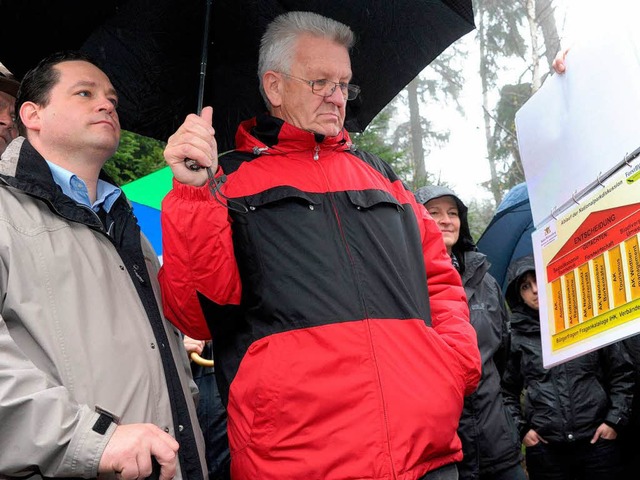 Zuhren  im Regen: Ministerprsident K...mann mit Agrarminister Bonde (links).   | Foto: dpa/margull