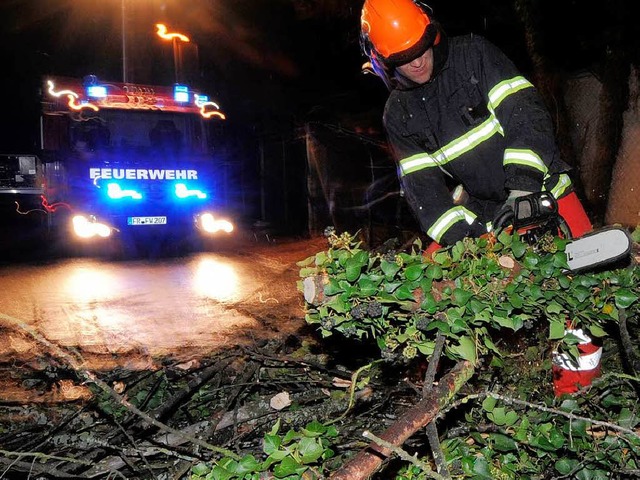 Ein Feuerwehrmann der Berufsfeuerwehr Freiburg zersgt einen umgestrzten Baum:.  | Foto: dpa