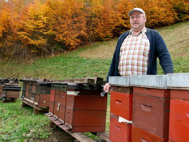 Josef Hug zeigt seine Bienenksten.  | Foto: Gerda Oswald