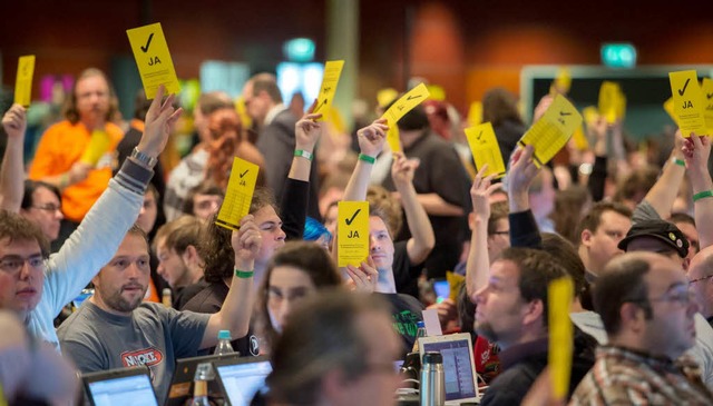 Die Delegierten beim Bundesparteitag d...ten ber zahlreiche Antrge abstimmen.  | Foto: dapd