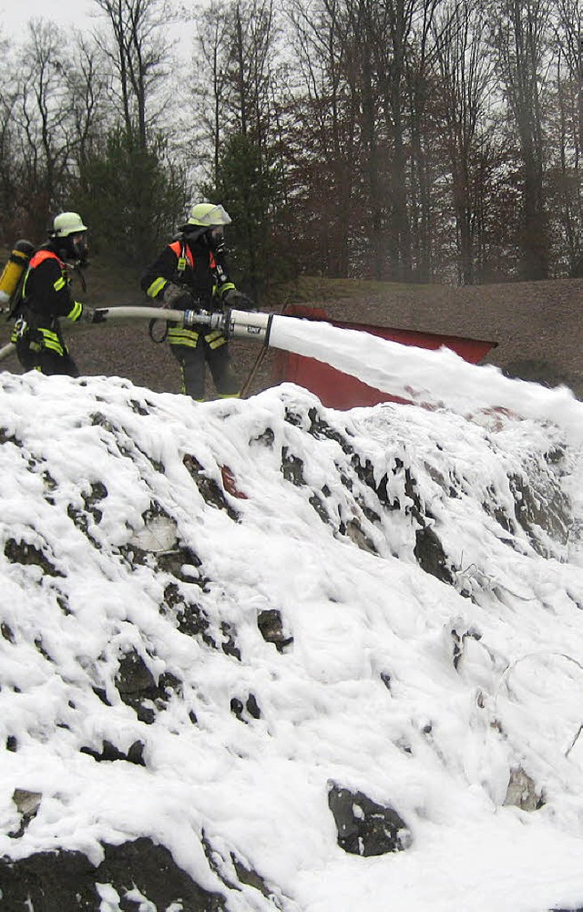 Einen Schaumteppich legte die Feuerwehr Wehr auf der Deponie Lachengraben.  | Foto: bz