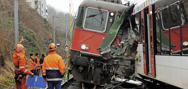 Helfer der Rettungsmannschaften sehen ...den an den beiden Schweizer Zgen an   | Foto: DPA