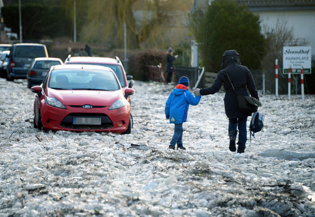 Das Hochwasser der Elbe am Morgen trieb zahlreiche Eisschollen an Land