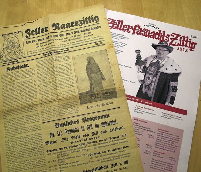 74 Jahre liegen zwischen den beiden Au.... Fasnachtszeitung von 1939 und 2013.   | Foto: Uli Merkle