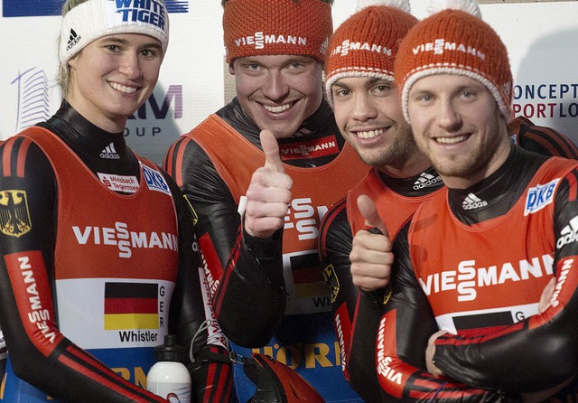 Vier Doppelweltmeister: Natalie Geisen...ix Loch, Tobias Wendl und Tobias Arlt   | Foto: dpa
