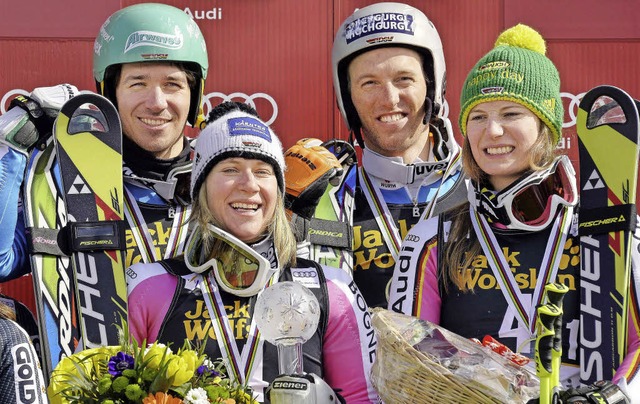 Strahlende Gesichter zum Abschluss der...) auf dem Siegerpodest in Lenzerheide   | Foto: AFP