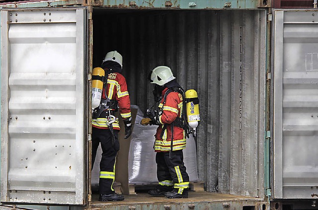 Feuerwehrleute kontrollieren einen Container im Rheinhafen.   | Foto: Utke