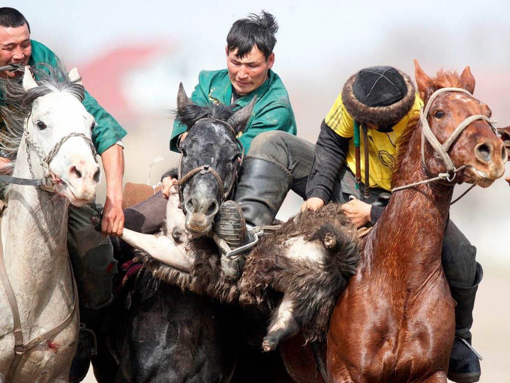 Whrend des Frhlingsfests Nouruz spielen kirgisische Reiter  den Nationalsport Kok-Boru.