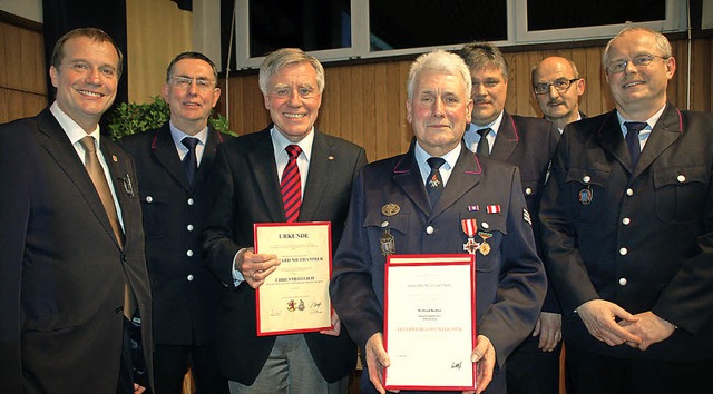 OB Klaus Eberhardt, Feuerwehrkommandan...Mller und Rudolf Streule (von links).  | Foto: Petra Wunderle