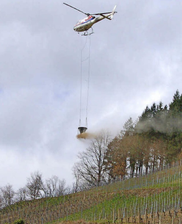 Der Hubschrauber leert den Kalkeimer i...hen Flug ber den Reben am Einbollen.   | Foto: Christian Ringwald