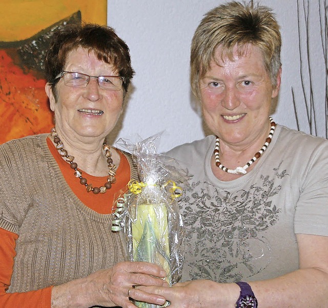 Heidi Kuny (rechts) berrascht die Bek...n, hier Dorle Trby, mit einer Kerze.   | Foto: P. Wunderle