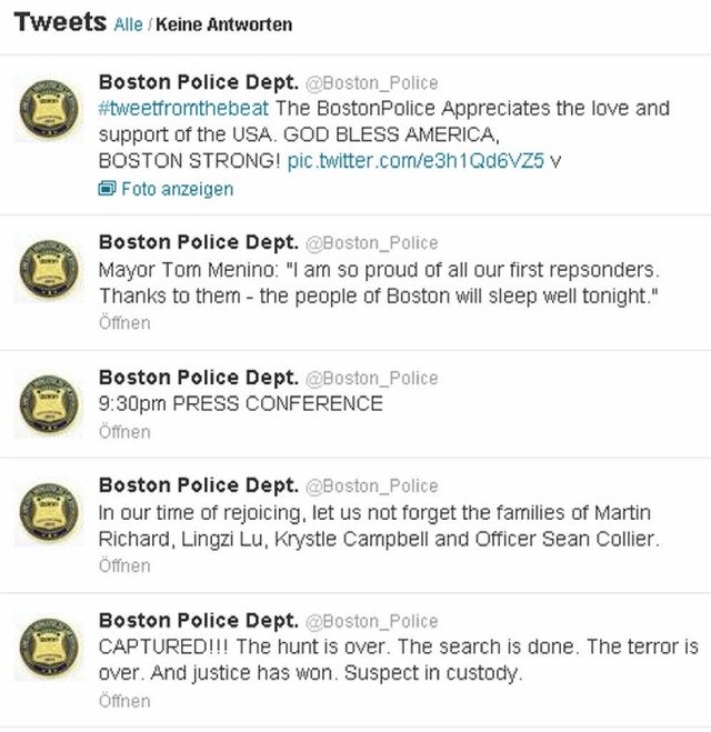 Die Tweets der Bostoner Polizei nach d...den Festnahme des zweiten Verdchtigen  | Foto: dpa