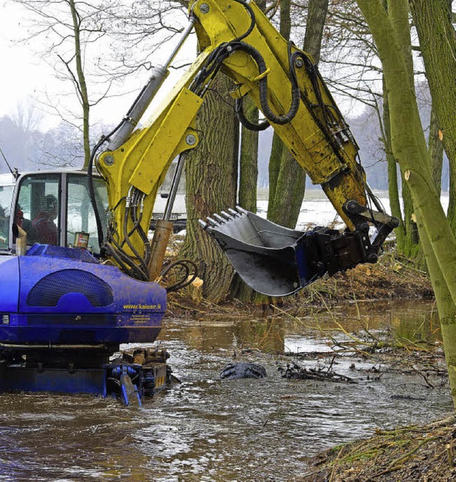 Ein Baggerfahrer hebt Schlamm aus,  um das Wasser zu subern.  | Foto: dpa