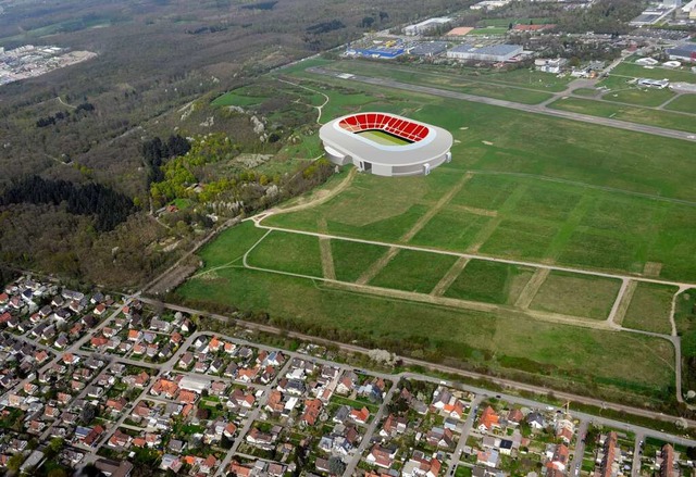 So in etwa knnte die neue SC-Arena au...age nur annhernd mastabsgetreu ist.   | Foto: Patrick Seeger/Montage: Josef Dresemann (BZ-Grafik)
