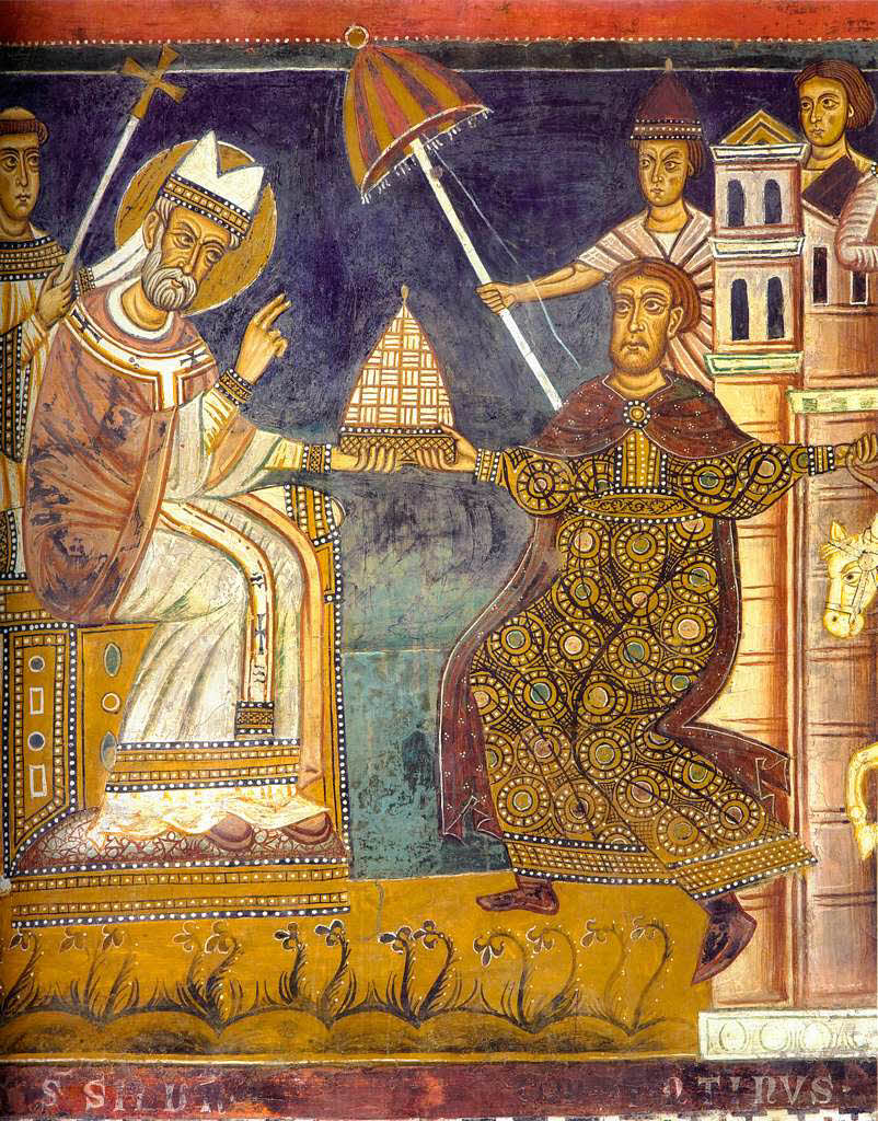 Konstantinische Schenkung: Kaiser Konstantin (re.) schenkt Papst Silvester die Herrschaft ber Rom. Die Schenkung ist geflscht. Trotzdem begrndet die Kirche damit lange ihre Macht.