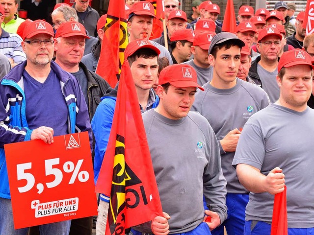 Sie stehen hinter ihrer Gewerkschaft: Warnstreik in Teningen.   | Foto: Dieter Erggelet