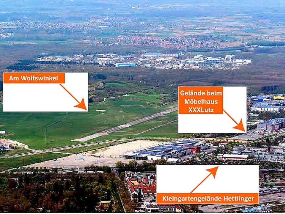 Die drei möglichen Standorte für ein neues Stadion beim Flughafen in Freiburg.  | Foto: Patrick Seeger