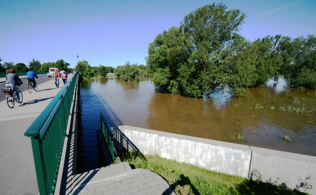 Hinter einer Hochwasserschutzanlage fliet  die Mulde durch Eilenburg (Sachsen).