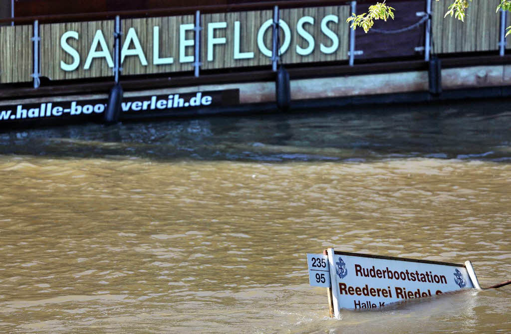 Eine Werbetafel einer Reederei schwimmt  im Hochwasser der Saale in Halle (Sachsen-Anhalt).