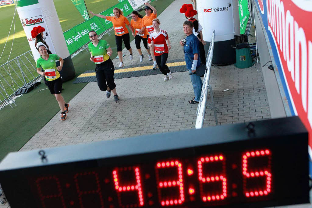 Business Run in Freiburg: Bei dem Firmenlauf ber sechs Kilometer rund um das SC-Stadion und entlang der Dreisam werden jeweils die Zeiten von drei Lufern einer Firma zusammen gewertet. Mit einer Gesamtzeit von 1:01:17 Stunde lie das Team 