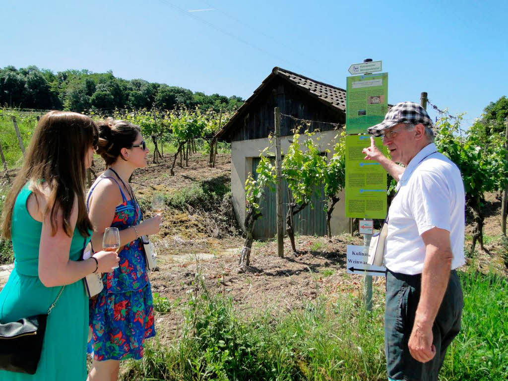 Gerd Salwey, Geschftsfhrer der WG Stauffen, unternimmt die nun in vier Sprachen ausgeschilderte Wanderung mit den beiden Weinhoheiten Stefanie Knig und Marie-Luise Wolf (von links).