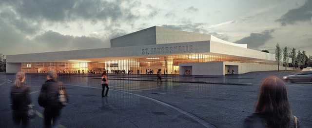 Mit einem groen Vordach rckt die modernisierte St. Jakobshalle an die Strae.   | Foto: Visualisierung: Degelo/Foto: gra