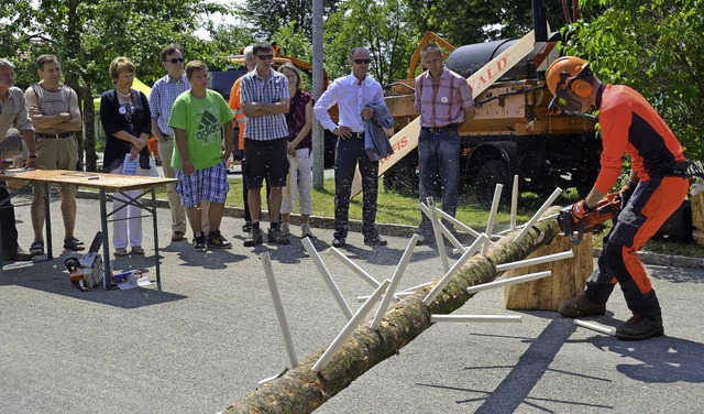 Forst-Azubis demonstrierten den Besuchern, wie ein Baumstamm entastet wird.   | Foto: Juliane Khnemund