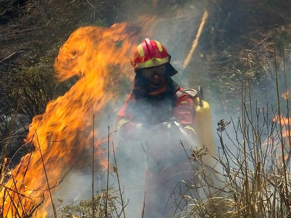 Ein Feuerwehrmann kämpft auf Mallorca gegen die Flammen.   | Foto: AFP