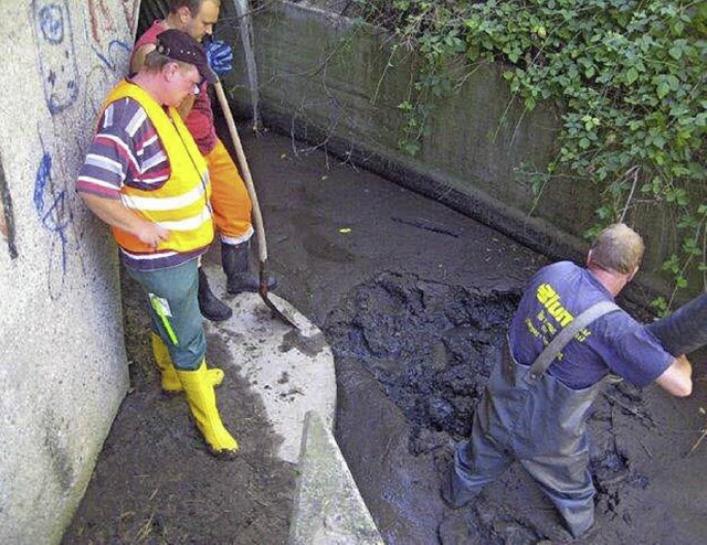 Mitarbeiter der Firma Blum und des Wer...bacheinlauf von  Schlamm zu befreien.   | Foto: merstetter