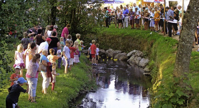 Die Entenrennen im Rtenbach anlsslic...hfestes werden mit Spannung verfolgt.   | Foto: Liane Schilling