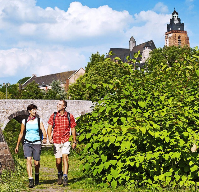 Unvollendet: Wanderer in Wetzlar, im Hintergrund der  unfertige Dom  | Foto: dpa