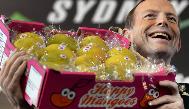 Wahlkampf ist Schwerarbeit: Hier trgt... Mangokiste auf einem Markt in Sydney.  | Foto: AFP