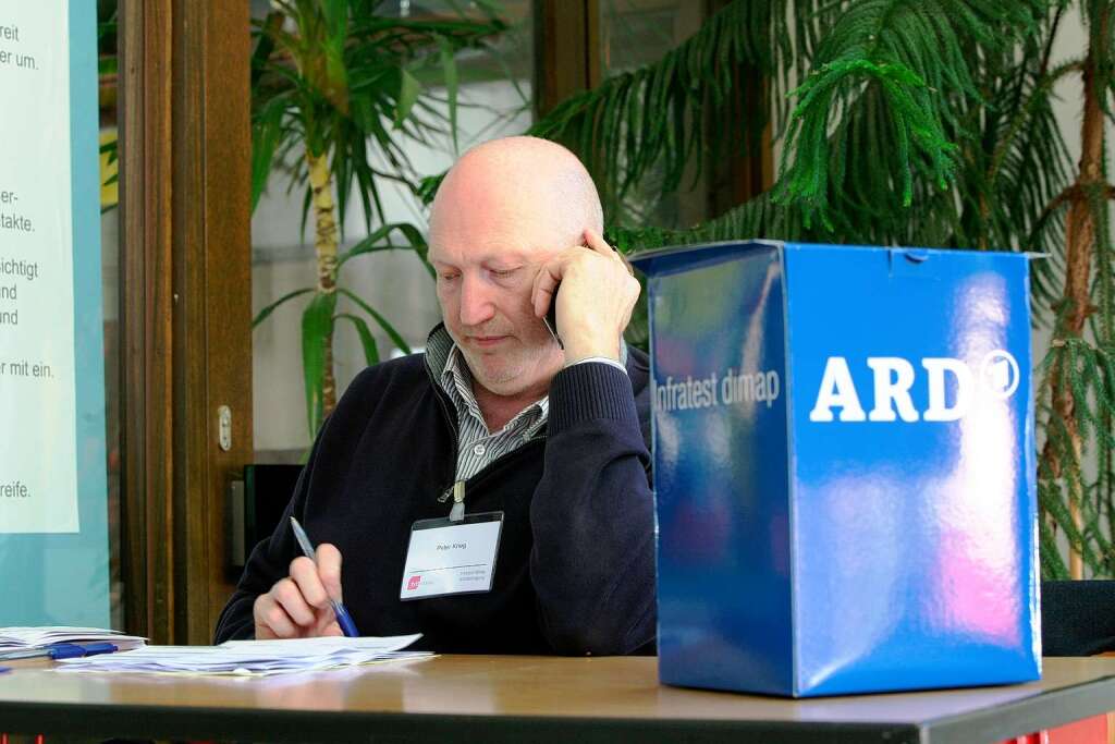 Peter Krieg von infratest-dimap hatte in der  Lahrer Theodor-Heuss-Realschule  eine Nachwahlbefragung fr die 18-Uhr-Prognose der ARD durchgefhrt. berraschend bis erschreckend: Mancher Whler wollte offenbar bei ihm seine Stimme abgeben. Der Wahlforscher erklrte dann natrlich den Irrtum