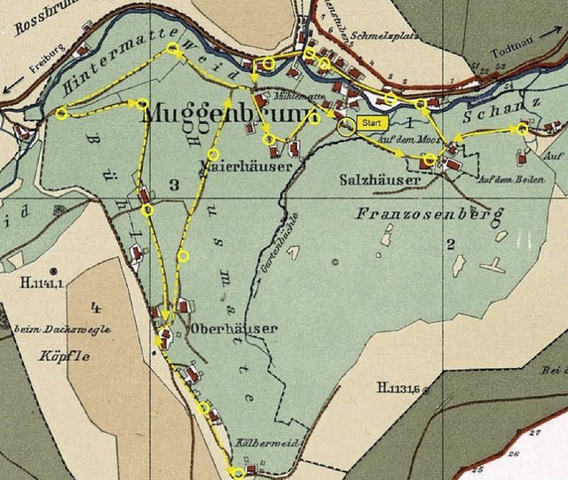 Gelbe Linie: Dorfrundgang &#8222;Muggenbrunn um 1900&#8220;  | Foto: Privat