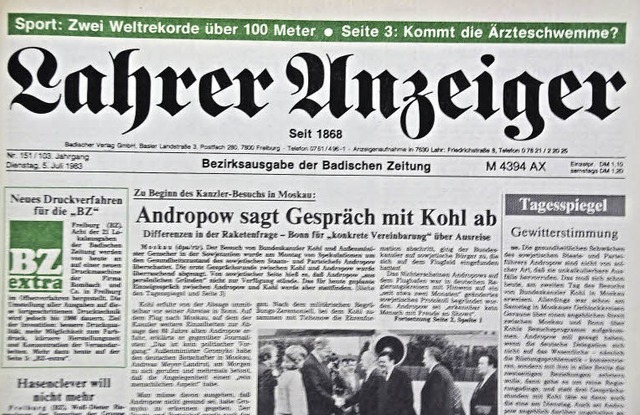 Die Titelseite des Lahrer Anzeiger von 1983, heute die Badischen Zeitung.   | Foto: C. Kramberg