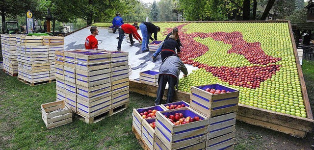Das 80 Quadratmeter groe Apfelbild im Europa-Park wird aufgebaut.   | Foto: Europa-Park