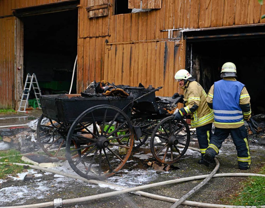 Eine Kutsche hat den Brand nicht so gu...onnten sie nur verkokelt rausschieben.  | Foto: Patrick Seeger