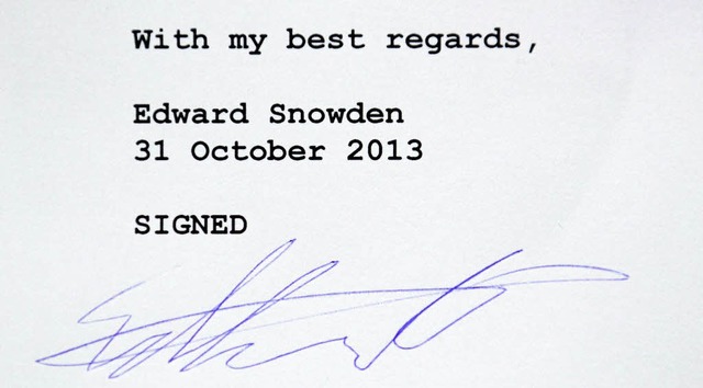 Snowdens Unterschrift auf dem Strbele-Brief   | Foto: DPA