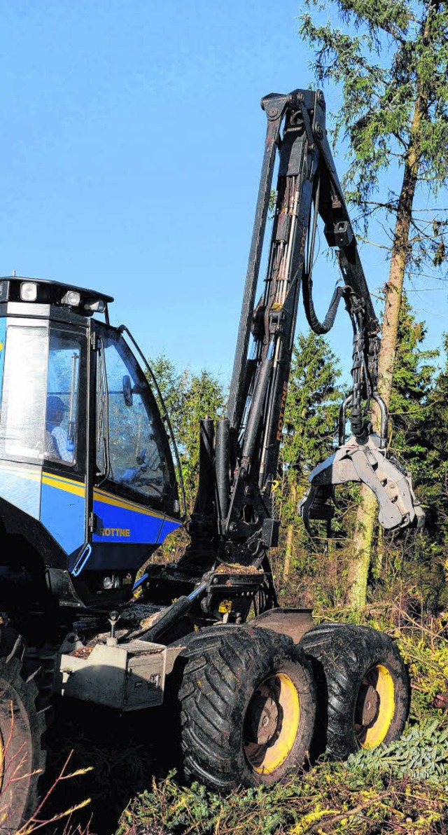 Holzernte war frher mit der Sge ein ...m Harvester geht das heute einfacher.   | Foto: dpa