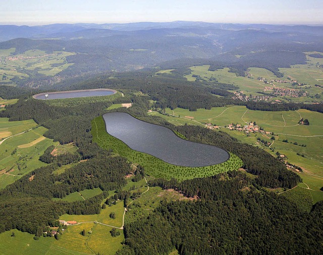 Das bestehende Hochbergbecken (hinten)...peichersee bei Atdorf ergnzt werden.   | Foto: Animation/Schluchseewerk