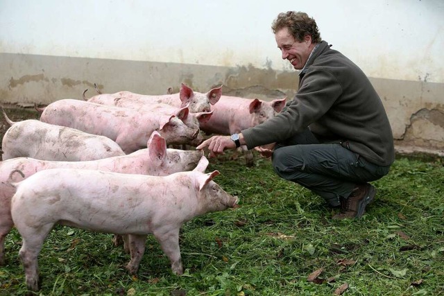 Klare Beziehung: Mllerleiles Schweine werden im Schlachthaus enden.  | Foto: Christoph Breithaupt