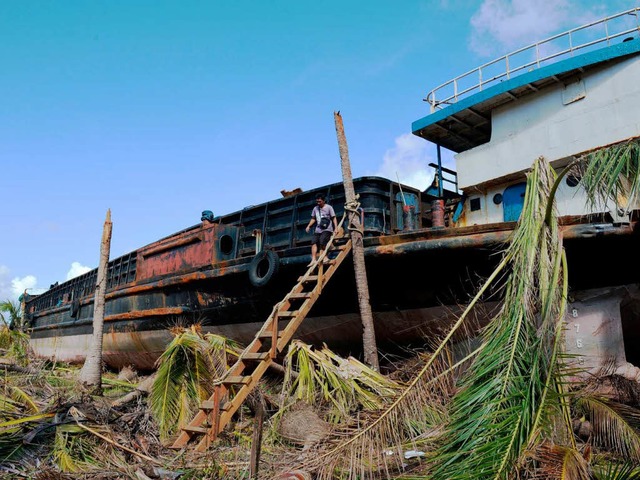 Der  Kapitn verlsst seinen inmitten von Palmen gestrandeten Tanker.  | Foto: AFP
