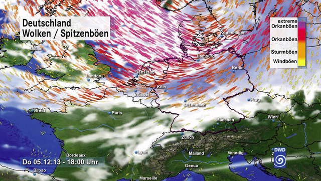 Im Sden harmlos, im Norden ein Orkan:...utschen Wetterdienstes fr Tief Xaver   | Foto: dpa