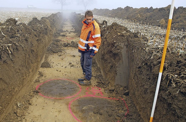 Grabungsleiter Diethard Tschocke vor d...wahrscheinlich steinzeitliche Gruben.   | Foto: Michael Haberer