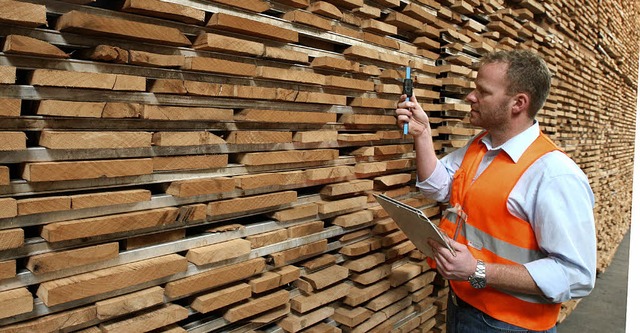 Ein  Mitarbeiter eines holzverarbeiten...lliert die Qualitt des Schnittholzes   | Foto: symbolbild: dpa