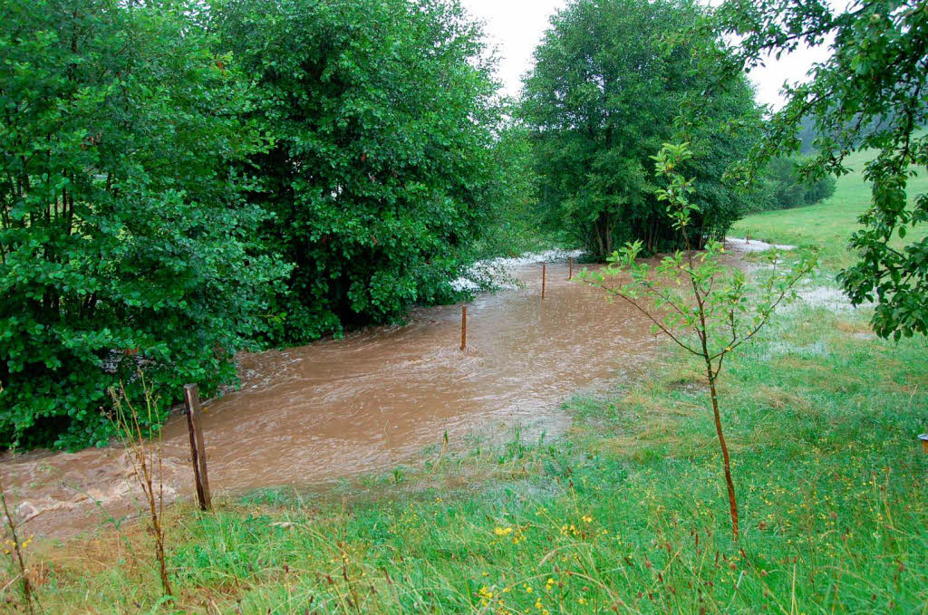 Juli: Der Biederbach tritt nach heftigen Niederschlgen  ber die Ufer.