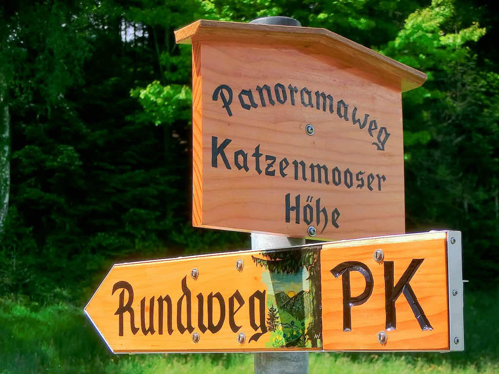 Juni: Vom Schwarzwaldverein Elzach gefertigt und platziert wurde das Schild am Anfang und Ende des Panoramaweges Katzenmoos.